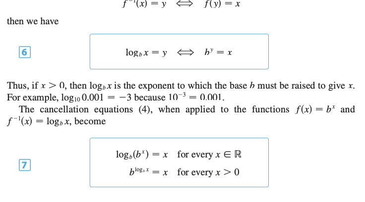 <p><strong><span>Definition:</span></strong></p><p><span>logb (x)= y if and only if by=x</span></p><p><strong><span>Base constraints:</span></strong><span> The base</span></p><p><span>b must be positive ( b>0) and cannot equal 1 (b≠1)</span></p><p><strong><span>Inverse relationship:</span></strong><span> Logarithmic functions are the inverse of exponential functions. If you have an exponential function like</span></p><p><span>f(x)=b^x its inverse is f^-1 (x)=log b (x)</span></p><p></p>