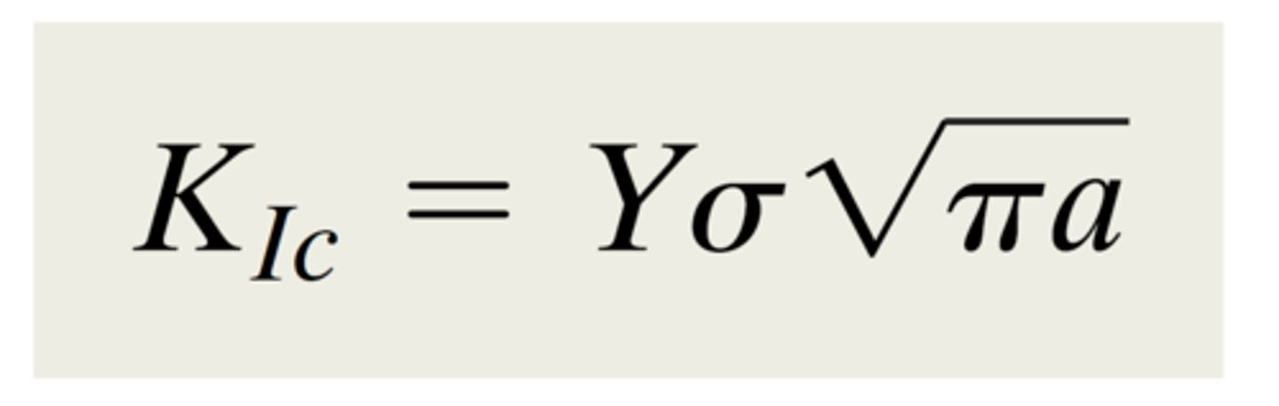 <p>𝑌: geometric scaling factor (assume 𝑌 = 1 for this class)</p><p>𝜎: applied stress</p><p>𝑎: crack length</p><p>• Edge cracks: physical crack length = a</p><p>• Internal cracks: physical crack length = 2a</p>