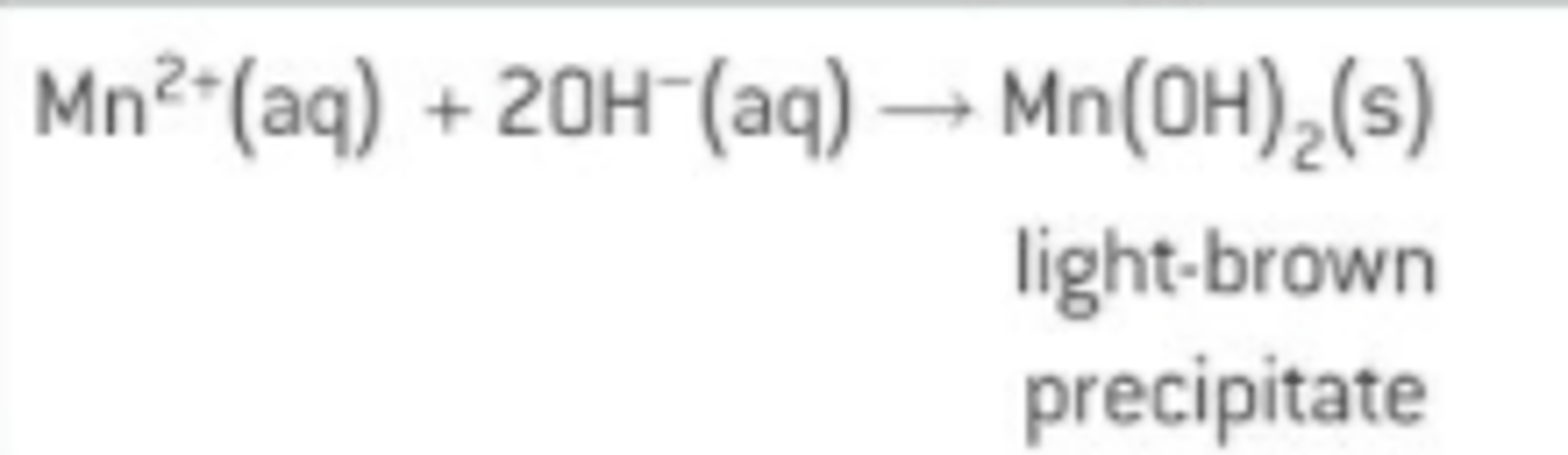 <p>- Pale pink solution reacts to from a light brown precipitate of Manganese (II) hydroxide, darkens on standing in air</p><p>- Precipitate is insoluble in excess sodium hydroxide</p>