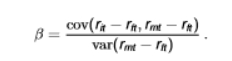 <ul><li><p>describes the risk characteristics of an asset in terms of <em>B</em>-risk</p></li><li><p><em>r<sub>it</sub> - r<sub>ft</sub></em> = the return on asset <em>i </em>relative to the risk-free rate<em> r<sub>ft</sub></em> (excess return) </p></li><li><p><em>r<sub>mt</sub> - r<sub>ft</sub> </em>= market return relative to the risk-free rate</p></li><li><p>we can use the treasury bill rate as <em>r<sub>ft</sub> </em>and S&amp;P 500 returns as <em>r<sub>mt</sub></em></p></li><li><p>the numerator is the covariance between the excess returns on the asset and the market and the denominator is the variance of the market </p></li><li><p>the expression is the same as the slope estimate for simple linear regression where cov(y,x)/var(x)</p></li></ul><p></p>