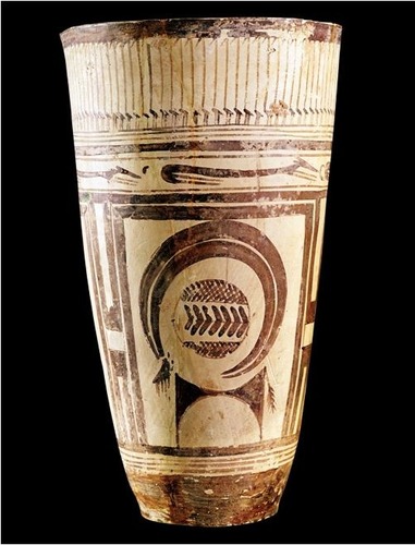 <p>-Susa, Iran -4200-3500 BCE -Painted terra cotta -Made of clay -Tiny detailed animals on pot -Perspective is better</p>