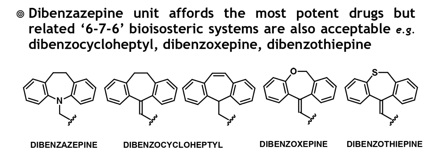 <ul><li><p>tricyclic ring dictates drug potency, but possesss little significance w 5-HT and NE activity</p></li><li><p>ring sub is uncommon but may improve 5-HT affinity selectivity</p></li></ul><p></p>