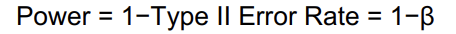 <p>Probability found in Type II error that states random sample taken from a pop will, when analyzed, lead to rejection of a false null)</p><ul><li><p>quantified using alpha level, sample size, effect size, &amp; the number of tails in a test</p></li></ul><p></p><p><strong>Power = 1 - β</strong></p><p></p>
