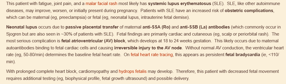 <p>fetal AV block due to mother’s lupus</p>