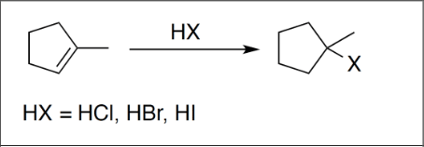 <p>Carbocation: yes</p><p>Regiochemistry: mark</p><p>Stereoselectivity: none</p><p>Reagent(s): HX = HCl, HBr, HI</p><p>- X added to more stable CC+ from alkene</p><p>- Possible 1,2 shift</p><p>*KNOW MECHANISM*</p>