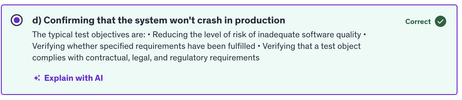 <p>d) confirming that the system won’t crash in production</p>