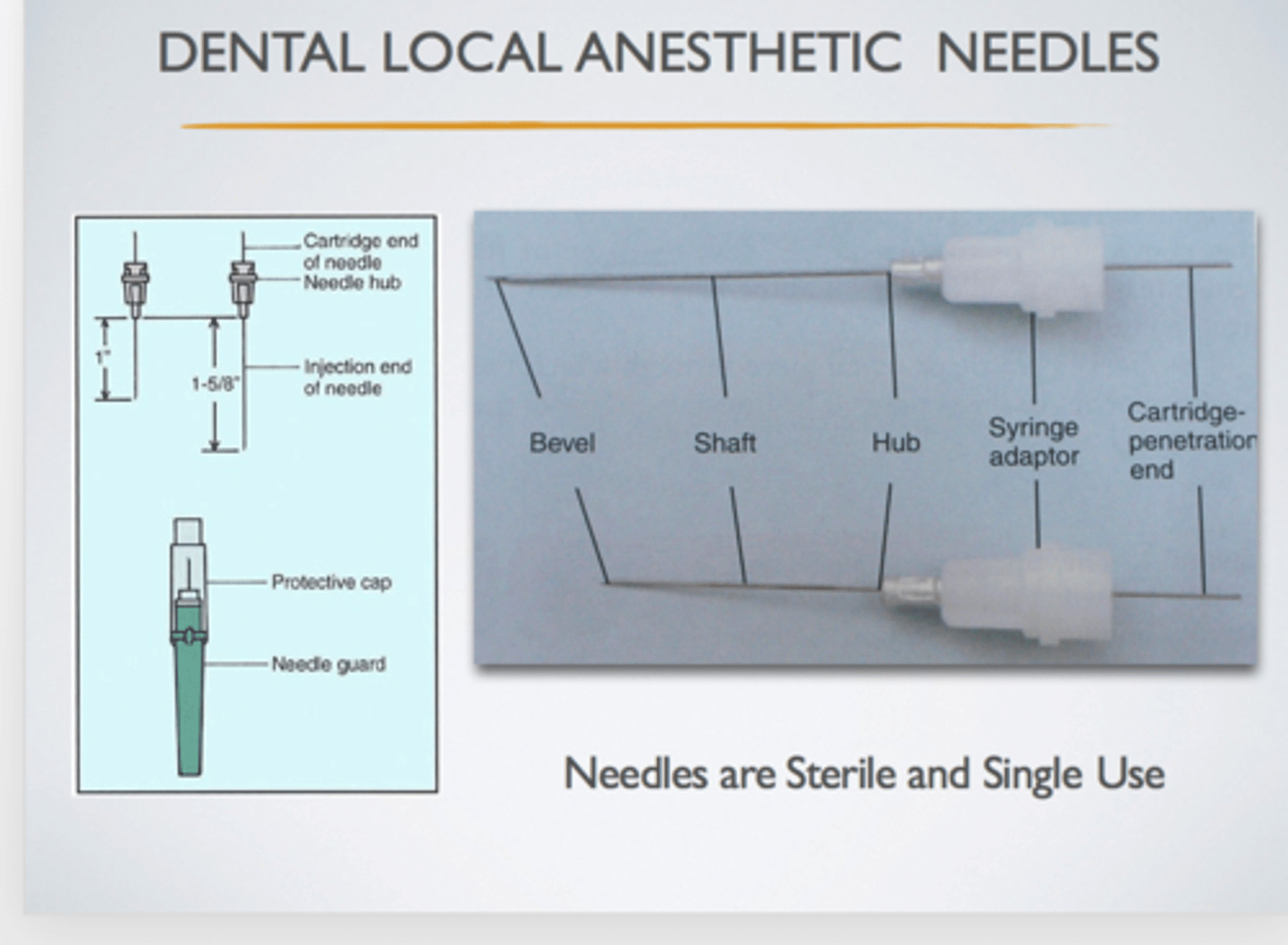 <p>1. Bevel</p><p>2. Shaft</p><p>3. Hub</p><p>4. Syringe adaptor</p><p>5. Carpule-penetrating end</p>