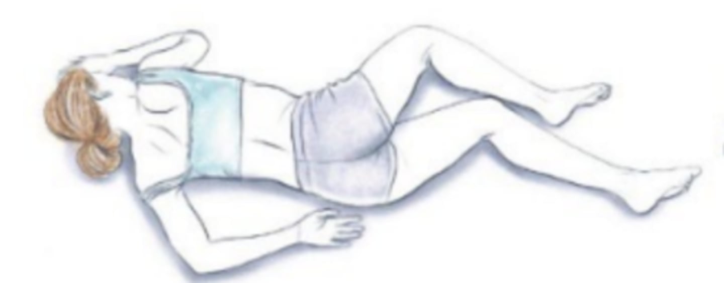 <p>recumbent with patient lying on left anterior side with left leg extended and right knee and thigh partially flexed</p><p>Named after the gynecologist James Marion Sims, this position is usually used for rectal examination, treatments, and enemas. The patient lies on their left side, with right hip and knee bent.</p>