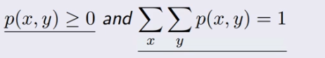 <p>For two Random Variables the values that each one (X, Y) can take is describes by <br><br>p(x,y) where p(x,y) = P(X=x, Y=y) intersection of X,Y</p><p><br>and must be legitimate meaning probabilities &gt;= 0 and sum to 1</p>