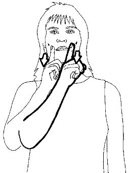 <p>Slide your hand with the index finger extended from one side of your mouth to the other</p>