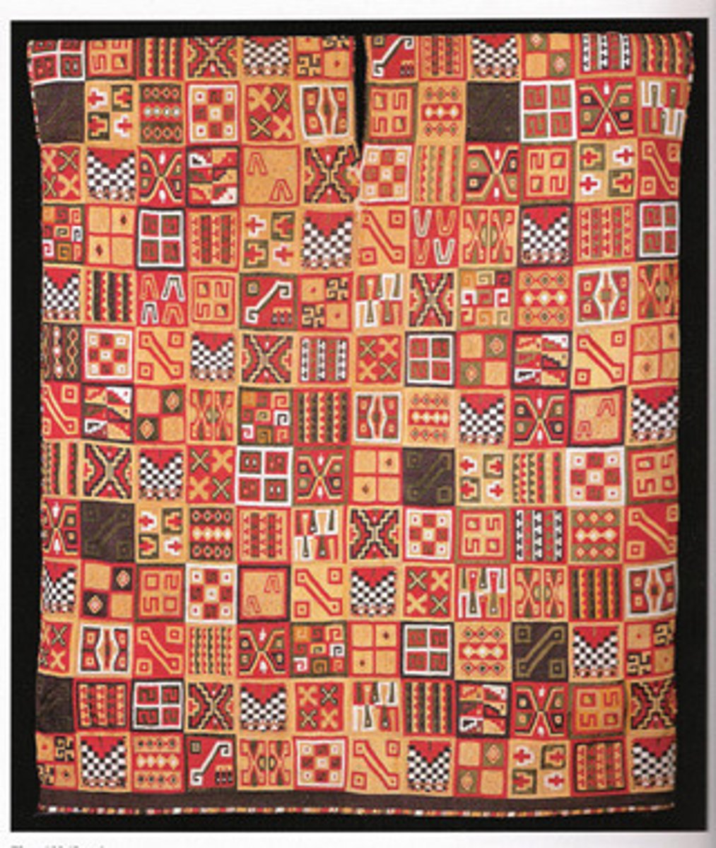 <p>INCAS, camelid fiber + cotton<br><br>WOVEN GARMENTS= STATUS SYMBOL! yanno cuz dye+skill<br><br>ACLLAS (chosen women) weaved textiles!<br>Few cuts were made to wear.<br><br>T'OQAPU small squares that make up each piece. Symbolizes an individual/event/accomplishment<br>Abstract designs and motifs!</p>