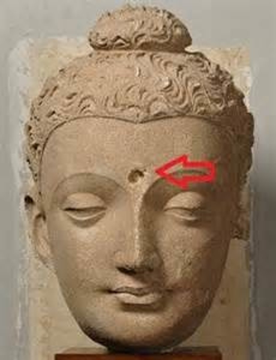 <p>- tuft of hair or third eye between his eyebrows</p><p>- symbolizes spiritual insight</p>