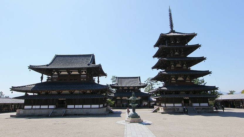 <p>located in nara, japan; the only surviving buddhist monastery that has remained untouched in the area</p><p>contains a five story pagoda, a fully columnated walkway with gates, a chumon or main entryway, and the kondo, which is the main hall - in this case, the structures, though wooden, survived; also, has a kodo - which was used for meeting</p>