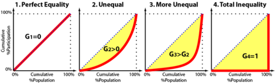 Line on the gini coefficient graph that indicates how unequally wealth is distributed. 