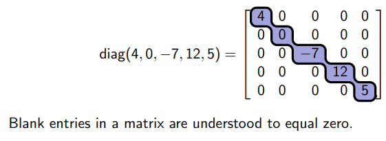 <p>the n × n diagonal matrix with diagonal d1, . . . , dn</p>