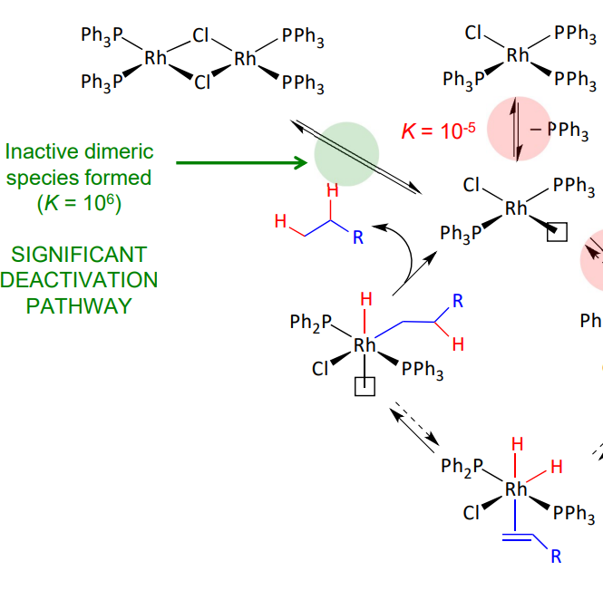 <ul><li><p>lone pair on chlorine forms bonds </p></li><li><p>forms an inactive dimeric species </p></li></ul><p></p>