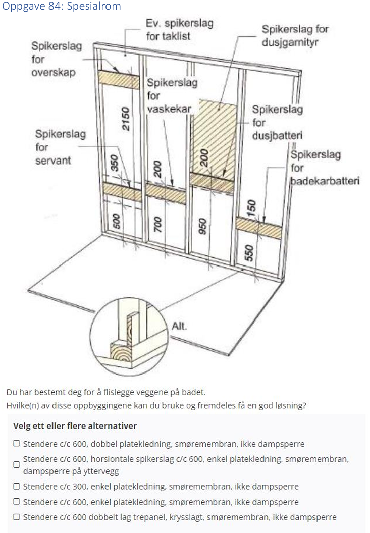 <p>(Spesialrom) Du har bestemt deg for å flislegge veggene på badet. Hvilke(n) av disse oppbyggingene kan du bruke og fremdeles få en god løsning?</p>