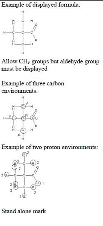 <ul><li><p>displayed formula of aldehyde (1)</p></li><li><p>three different carbon environments indicated (1)</p></li><li><p>two different proton environments indicated (1)</p></li><li><p>no splitting as there are no hydrogens on the adjacent carbon atom(s)</p></li></ul><p></p>
