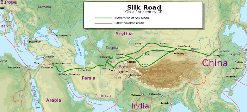 <p>Overland trade from China →Central Asia → Middle East→ Europe. Connected China to Europe, Traded silk, spices, paper, horses</p><p>Spread Buddhism, Islam, Black Death</p>