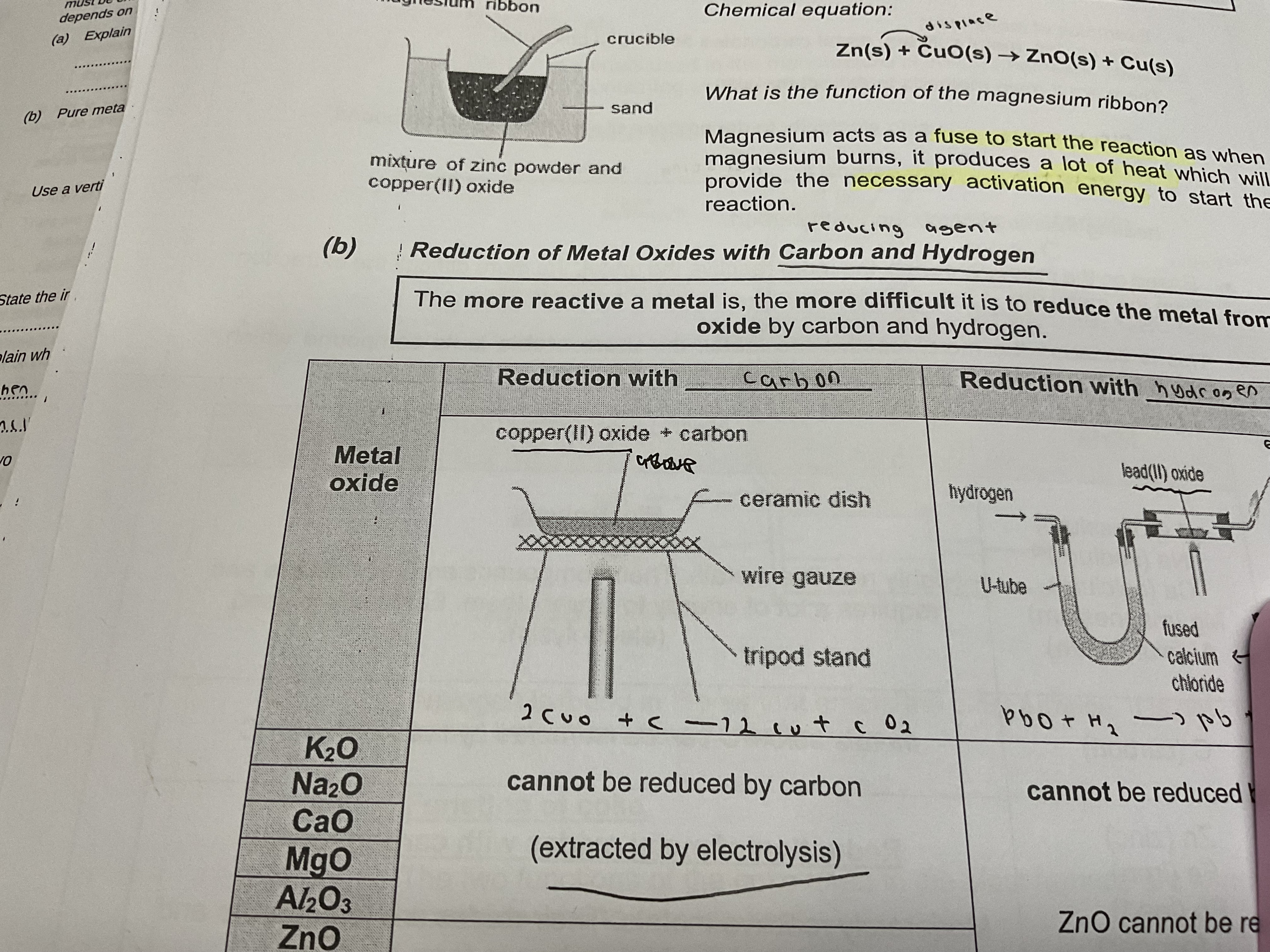<p>Reduction with carbon (Potassium to aluminium oxide)</p>