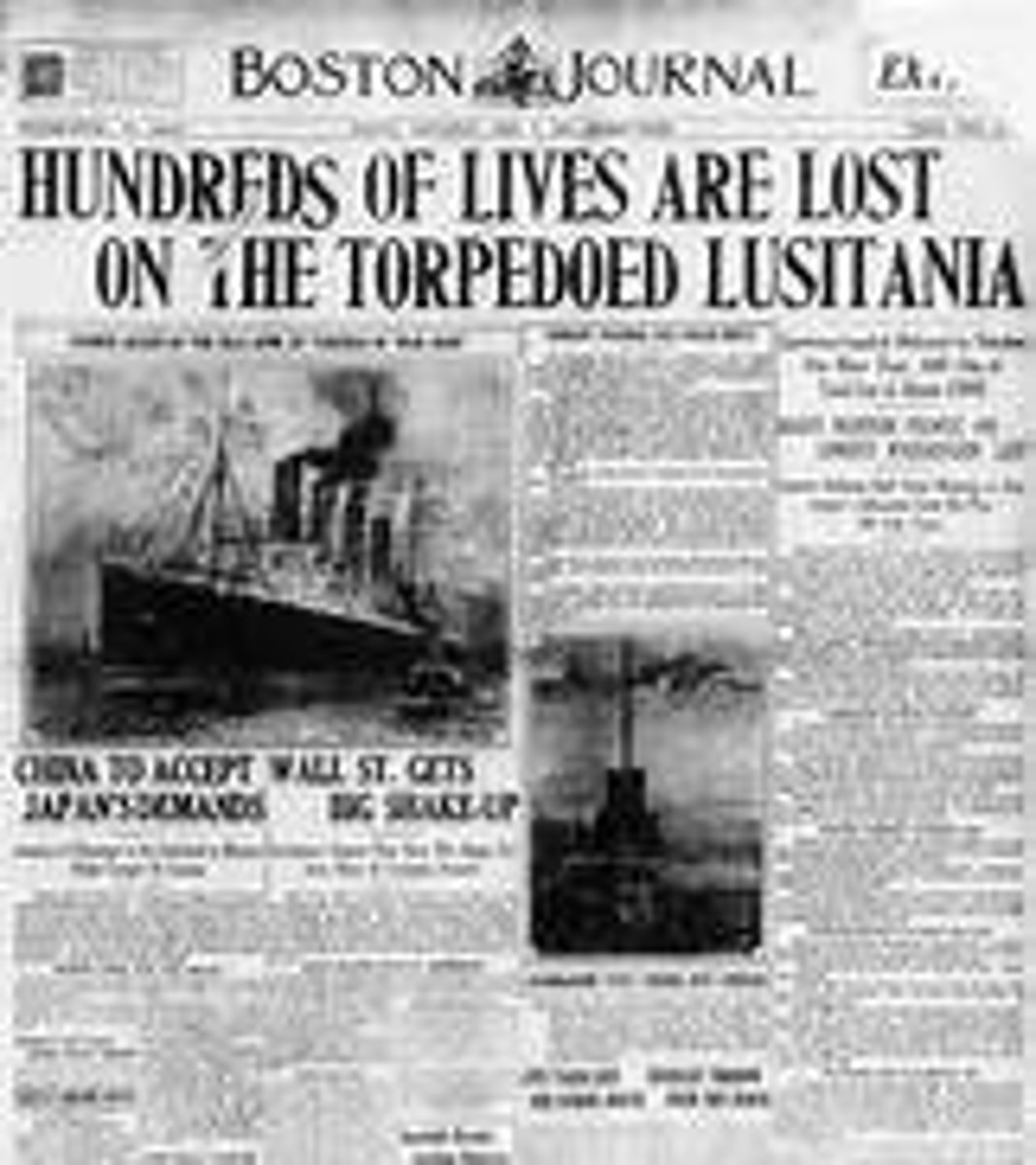 <p>A British passenger ship that was sunk by a German U-Boat. 128 Americans died. The sinking greatly turned American opinion against the Germans, helping the move towards entering the war.</p>