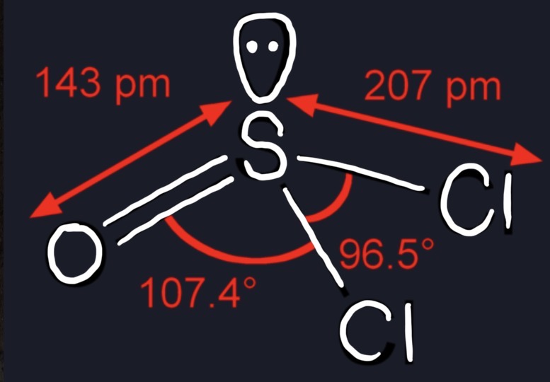 <p>107 degrees, 6 valence, 4 used for covalent bonding, 2 lone pairs</p>