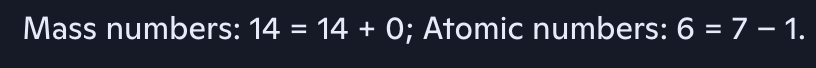 <p>since beta releases an electron and it is negative, the atomic number has to be 6 + 1 = 7 to balance it. </p>