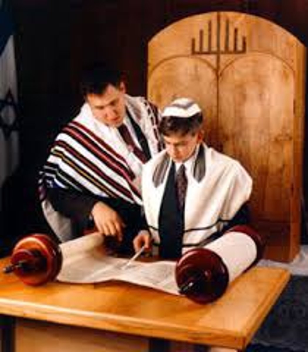 <p>come of age ceremony for 12 yo girls, and 13 yo boys</p><p>-expected to keep all 613 commandments and join jewish community</p><p>-happens primarily at synagogue or temple</p><p>-read section of torah and wear a tallit (prayer shawl) to show they can keep up religious responsibilites</p>
