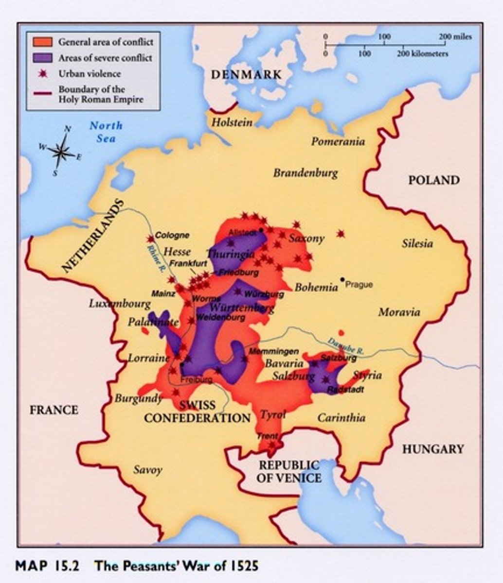 <p>- Central Holy Roman Empire (1525)<br>- Aggravated by Crop Failures in 1523 &amp; 1524<br>- Over 70,000 Peasants Killed By Noble Response</p>