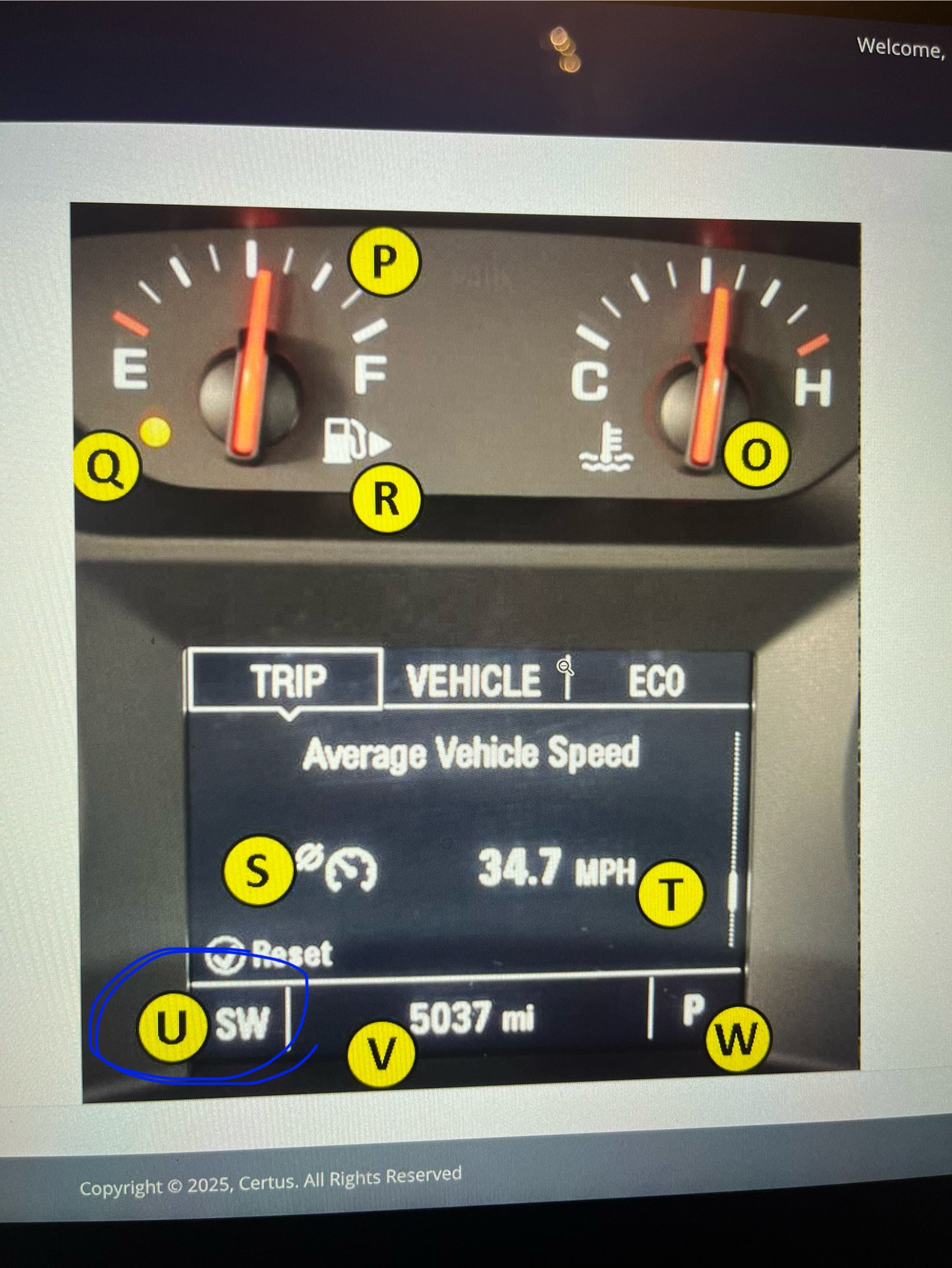 <ul><li><p><span>Shows the cardinal direction in which the vehicle is headed-that is, north, south, east, or west</span></p></li><li><p><span>﻿﻿This compass reads "SW, which means the driver is heading in a southwesterly direction</span></p></li></ul>