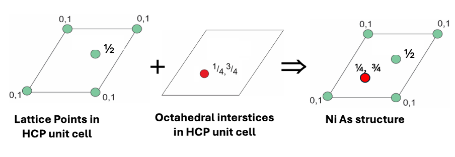 <p>As<sup>3-</sup> makes up HCP lattice </p><p>Ni<sup>3+</sup> fills octahedral holes </p>