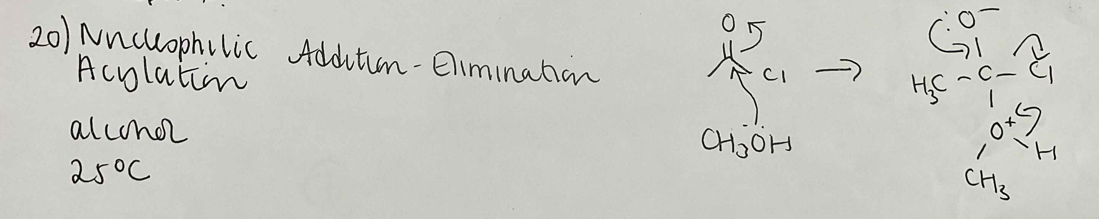 <ul><li><p>Nucleophilic addition elimination</p></li><li><p>Alcohols eg-CH3OH</p><p></p></li></ul>