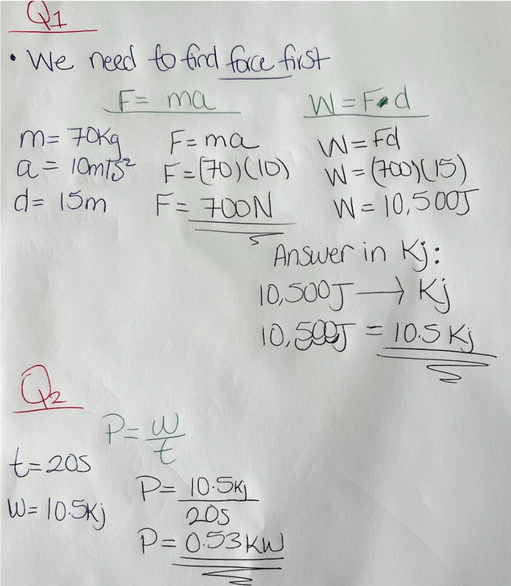 <p><strong>Formula:</strong> </p><ul><li><p>F = ma</p></li><li><p>W = Fd</p></li><li><p>P = W/t</p></li></ul>