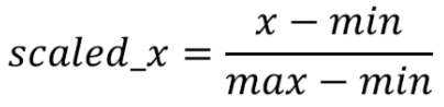 <p><span style="background-color: transparent;">x: value to be scaled</span></p><p><span style="background-color: transparent;">min: minimum value of the feature</span></p><p><span style="background-color: transparent;">max:maximum value of the feature</span></p>