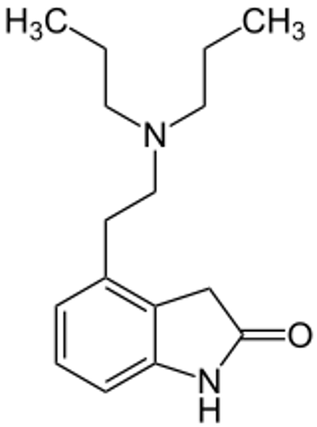 <p><strong>Brand:</strong> Requip</p><p><strong>Class:</strong> Dopamine Agonist</p><p><strong>MOA:</strong> Agonises dopamine receptors. Nonergoline Dopamine agonist with higher specificity to D3 receptors (compared to D2/D4). Has moderate affinity to opioid receptors and significant effects on D1 (5-HT1), 5HT2, Benzodiazepine, GABA, muscarinic, alpha1, alpha2 &amp; beta-adrenoreceptors. </p>