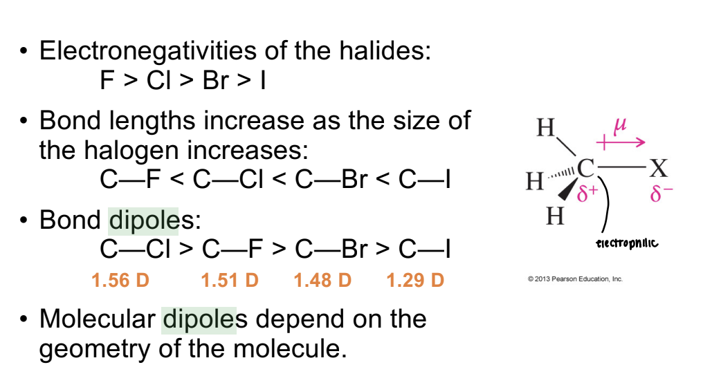 <p>A measure of bond polarity; for C–X bonds, magnitude follows C–Cl &gt; C–F &gt; C–Br &gt; C–I, though molecular dipole depends on geometry. </p>