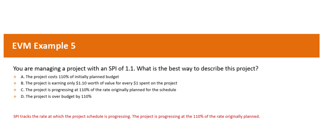 <p>You have a project you’re managing with an SPI of 1.1. What’s the best way of describing this project?</p>