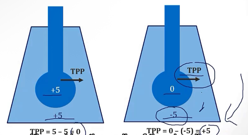 <p>-pressure across the walls of the alveoli, required to keep them open, or they’ll collapse</p><p>-(Alveolar pressure - Intrapleural pressure = Transpulmonary pressure)</p><p>-if you have a TPP of 0, from alveolar and intrapleural being equal, this will collapse the lungs. If you have a situation where the TPP comes out to be a positive number, this is what required for proper respiration</p>