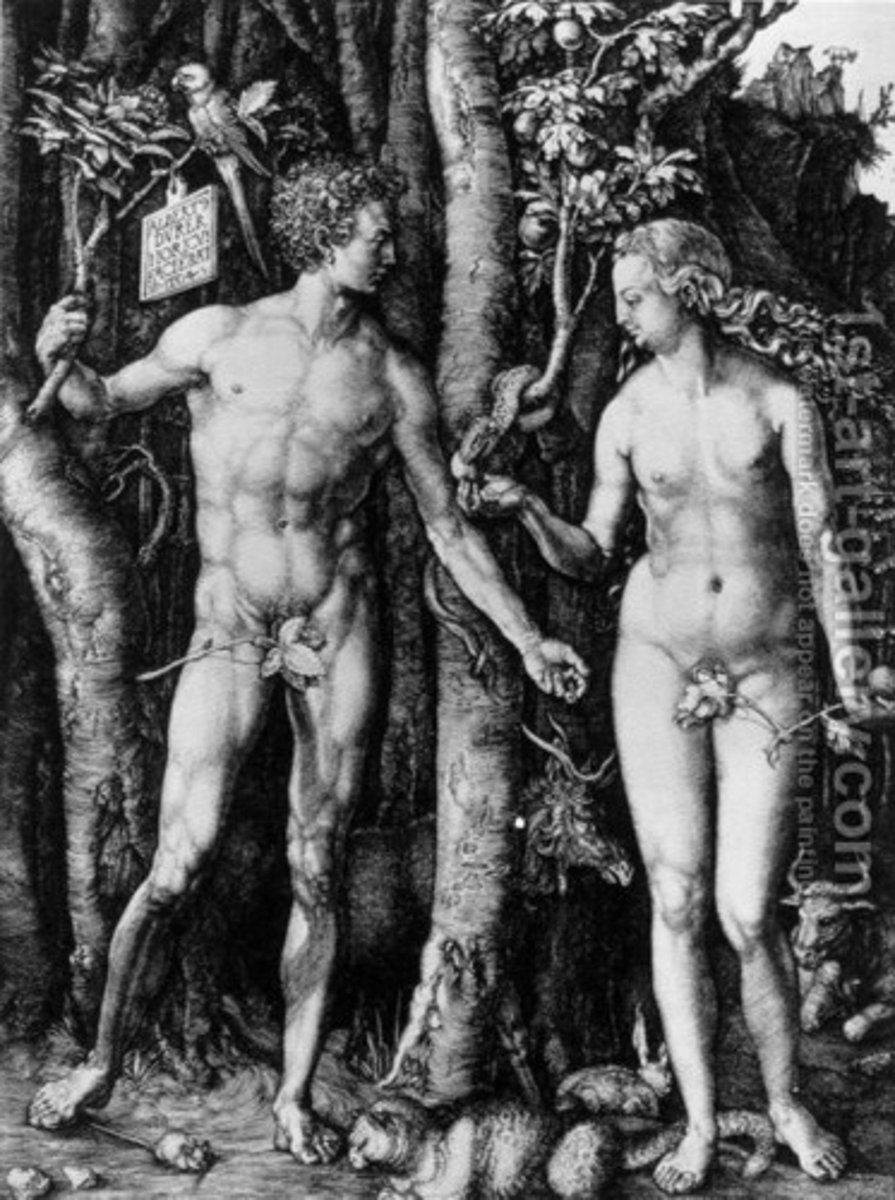 <p>Location: Europe</p><p>Time Period: 1504 C.E</p><p>Artist: Albrecht Durer</p><p>Material: Engraving</p><p>Facts: Despite the chill of the forest, the two human figures appear nude. Their bodies are frontal, and they stand in a classical contrapposto, or counterpoise, where the weight of the body is shifted onto one foot. The corresponding shift in hips and shoulders creating a convincing illusion of a body capable of movement but temporarily at rest. Despite this apparent naturalism, their heads are turned to the side as they gaze at one another. This twisting configuration of head and body is distinctly artificial. The naturalizing contrapposto clashing with the artificiality of the rest of the pose establishes a pattern of contradictions that run throughout the picture. A seemingly astutely observed tree becomes distinctly odd, as we recognize that Eve is plucking an apple from a tree with fig leaves. A parrot, a tropical bird, perches on a branch to the viewer's left. Six other animals stroll disinterestedly through or stand about—an elk, ox, cat, rabbit, mouse, and goat.</p>