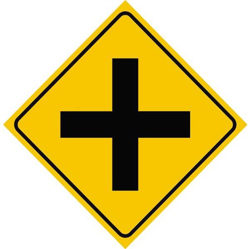 <p>two roads cross watch for cars be ready to stop</p>