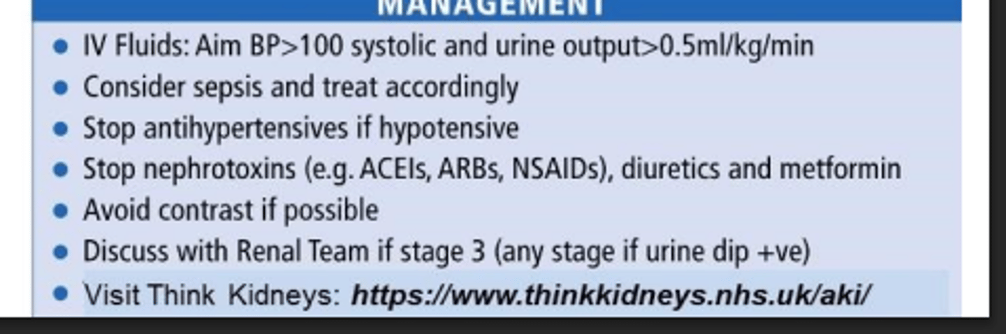 <p>Correct underlying cause</p><p>Pre-renal cause</p><p>Provide IVT resuscitation</p><p>Post-renal cause</p><p>Relieve obstruction - insert catheter?</p><p>Hold nephrotoxic</p>