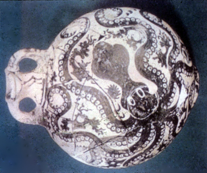 <ul><li><p><span>Palaikastro Palace</span></p></li><li><p><span>Late Minoan</span></p></li><li><p><span>11 in high</span></p></li><li><p><span>depicts a dark colored octopus on a light background, tentacles curl around the vase</span></p></li></ul>