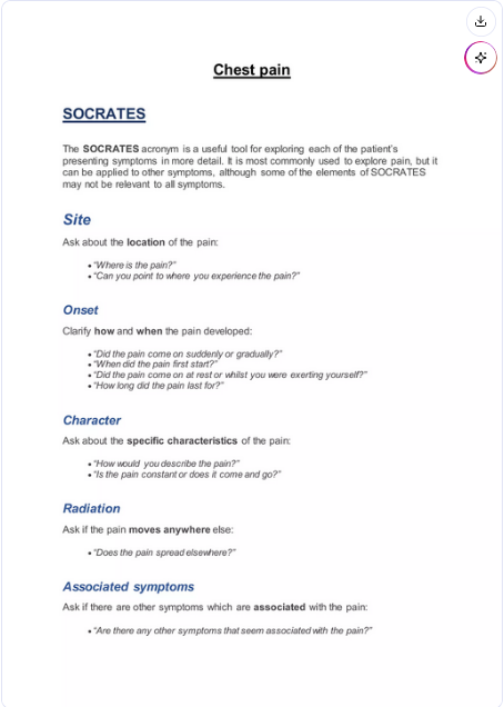 <p><span>🛤🤢</span> Punkty R oraz A w schemacie SOCRATES pozwalają na identyfikację stanów zagrażających życiu, takich jak zawał serca:<br></p><ol><li><p><span>🛤🌊</span> R (Radiation) – pytanie o to, czy ból przemieszcza się lub promieniuje do innych części ciała.</p></li></ol><p></p><ol start="2"><li><p><span>🌪🤢</span> A (Associated symptoms) – identyfikacja objawów takich jak nudności, poty czy zawroty głowy, które towarzyszą bólowi.</p></li></ol><p></p>