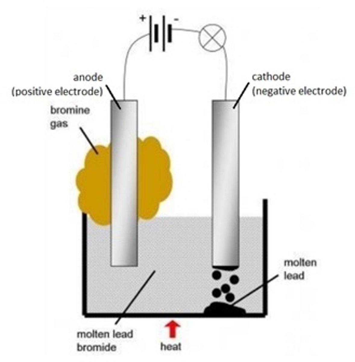 <p>PbBr₂ (l) ⎯→ Pb(s) + Br₂ (l)</p><p>Brown fumes of bromine gas is formed at the anode. Silvery lead is deposited at the cathode.</p>
