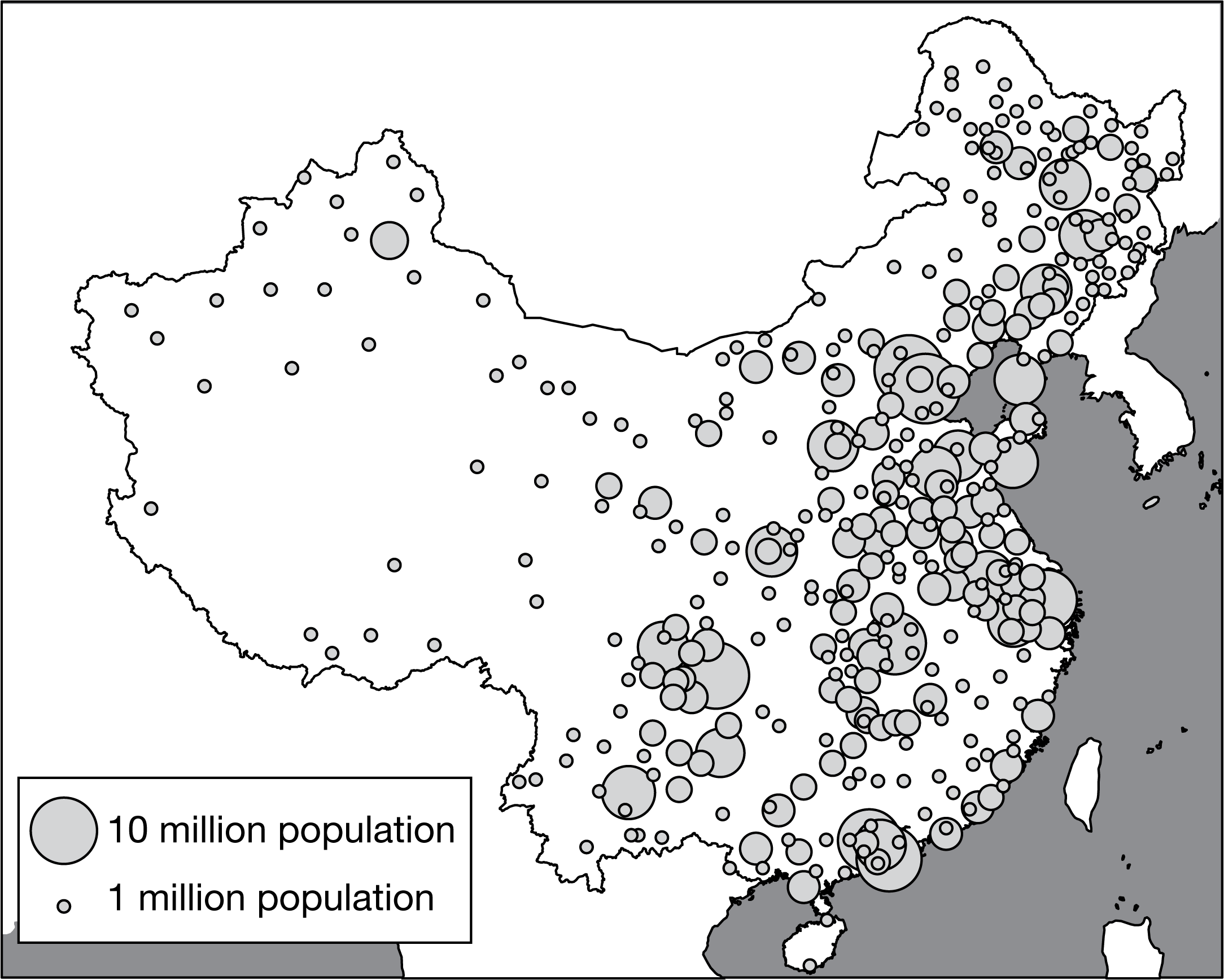 <p><span><span>Which of the following best identifies the data for western China, shown on the map?</span></span></p>