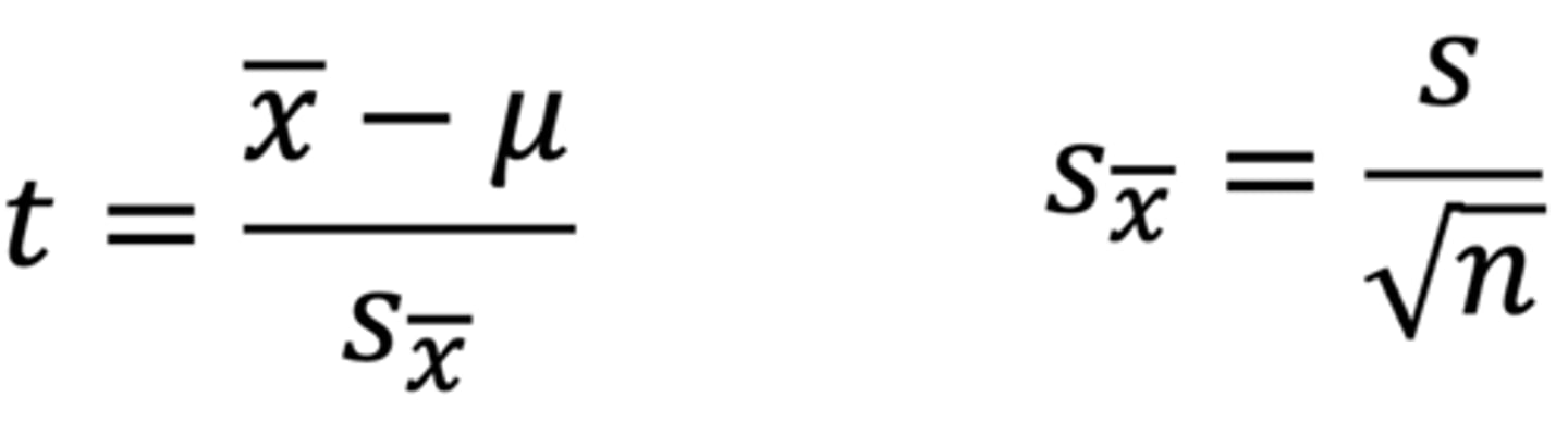 <p>To compare if the scores from our sample (as a whole) differ from the population norm</p><p>- x bar = mean score of our sample</p><p>- μ = population norm</p><p>- s with x bar = standard error of the mean, which is the standard deviation of the sampling distribution of the mean</p>