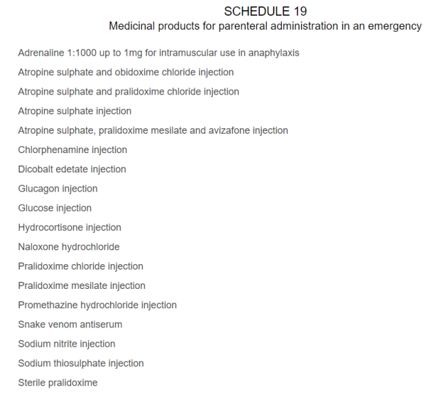 <p>-if it’s in an emergency i.e. life-threatening event, HCP allowed to give pt a life-saving medication without needing to prescribe it. Example meds shown in image</p>