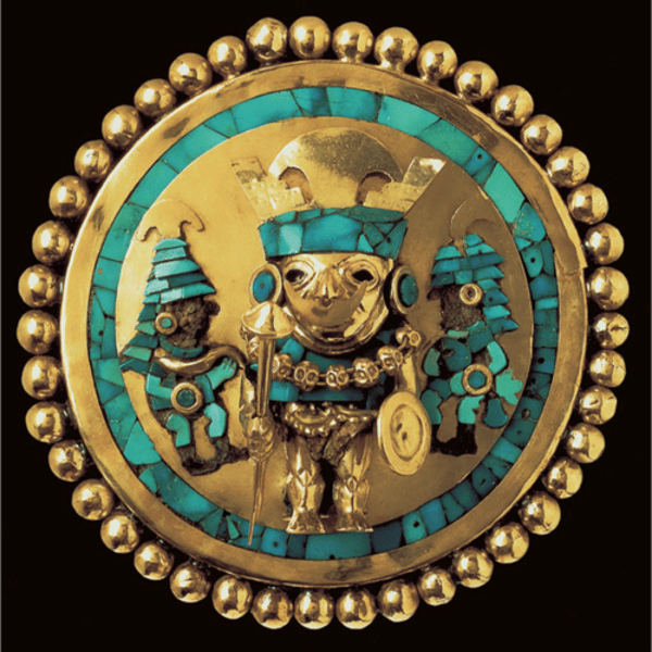 <p>made from gold, turquoise, quartz, and shell; Moche culture, c. 300 CE<br>Sipan, Peru; depicts a person wearing earspools; Central Andes culture</p>