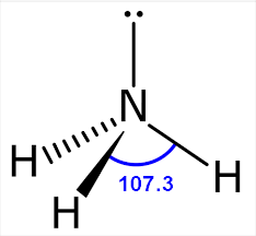 <ul><li><p>Has 3 bonded electron pairs around central atom and one lone pair</p></li><li><p>Has a bond angle of 107 degrees around atom</p></li><li><p>Has one molecule sticking away from you and one towards you </p></li></ul>
