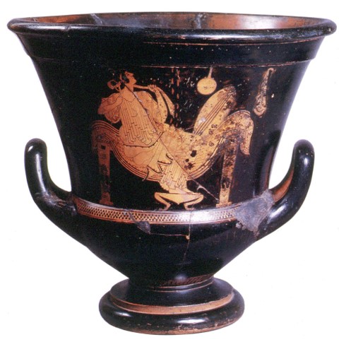 <p>Triptolemos Painter: Attic red-figure calyx-krater - <em>Danae and the Golden Shower/Danae and Persues in the Chest</em>, Greek, c. 490-480 BCE</p>